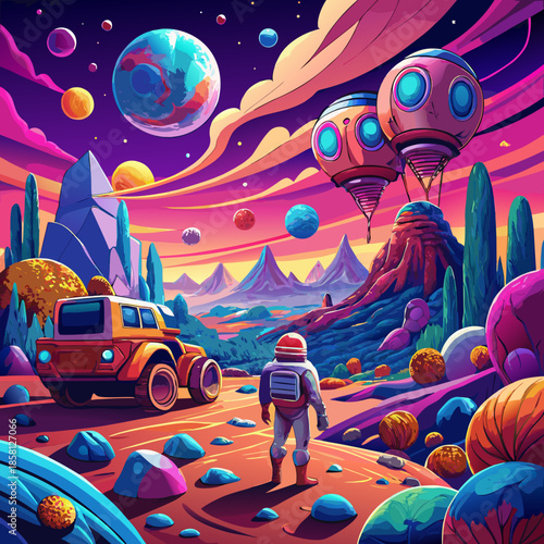 Astronaut exploring a vibrant alien landscape