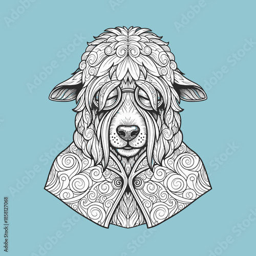 Detailed Sheep Head Illustration with Patterned Coat.