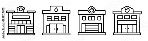 A collection of line art icons representing fire stations and emergency service buildings