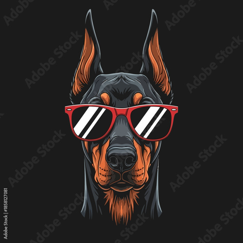 Doberman Pinscher Wearing Red Sunglasses Closeup.