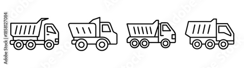 Set of four outline icons representing different types of dump trucks for construction and logistics