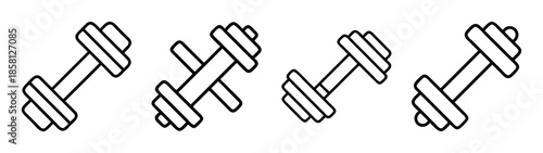A collection of simple line art dumbbell icons representing fitness and exercise