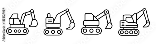 Collection of four minimalist excavator outline icons for construction projects