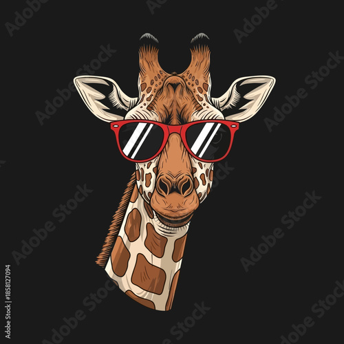 Giraffe Wearing Sunglasses on Black Background.