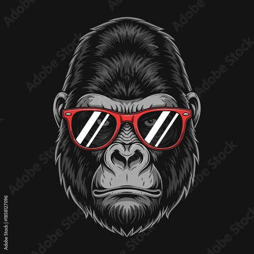 Gorilla Wearing Red Sunglasses Closeup Portrait.