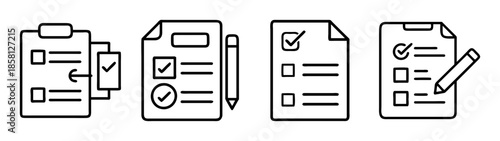 Simple black and white line art icons for planning, task management, and form completion concepts