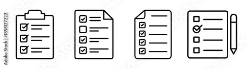 Set of checklist and survey icons in line art style for task completion and business applications