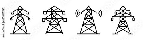 A collection of line art icons depicting electricity pylons and transmission towers
