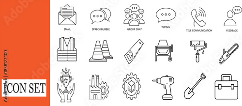 Construction Industry Icon Set with Building Tools and Safety Gear