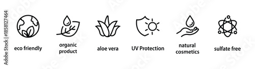Organic cosmetic line icons set. Organic skin care components or labels. Aloe vera, eco friendly, organic product,  uv protection, natural cosmetics, sulfate free.