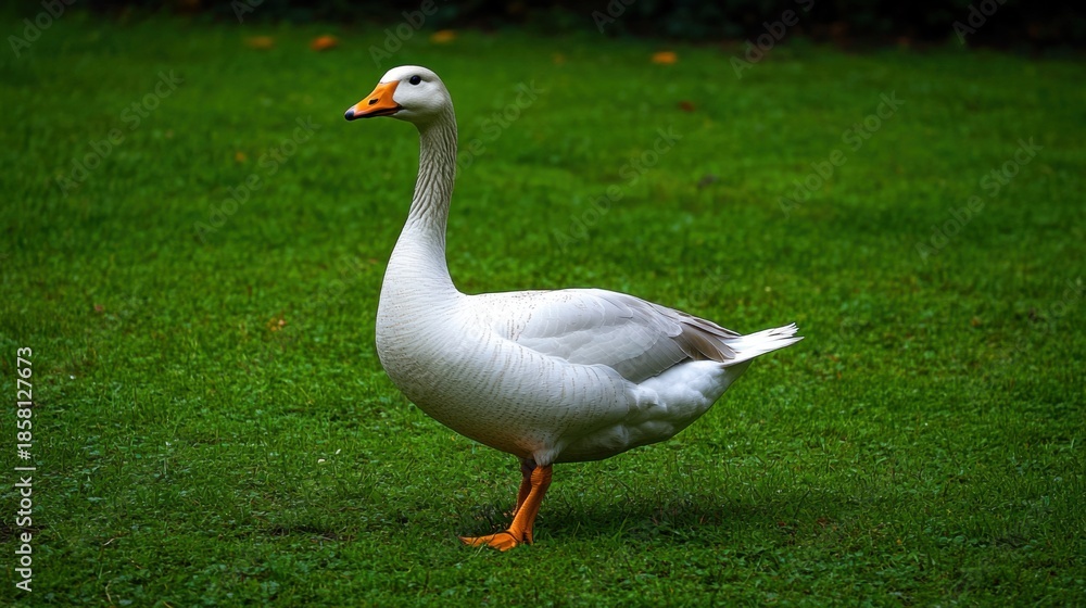Naklejka premium A White Goose Standing on Green Grass