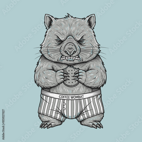 Illustration of a wombat wearing striped underwear holding coffee.