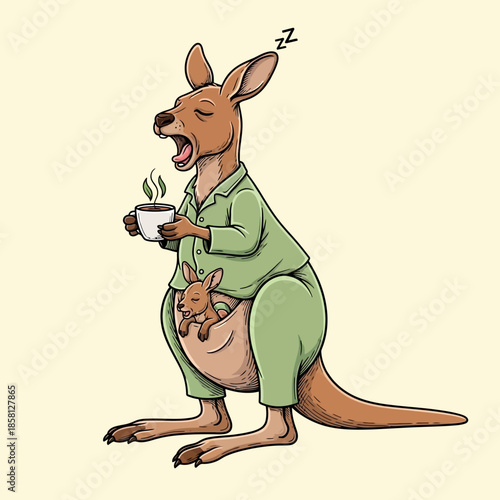 Kangaroo in Pajamas Drinking Coffee with Joey.