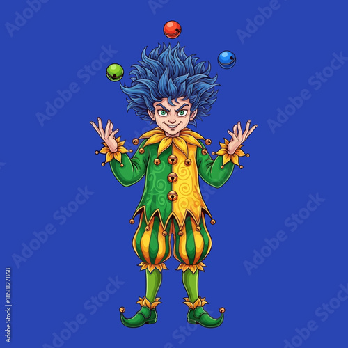 Jester Juggles Balls with Colorful Costume.