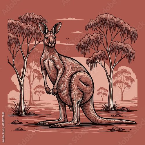 Kangaroo Standing in Australian Outback Landscape.