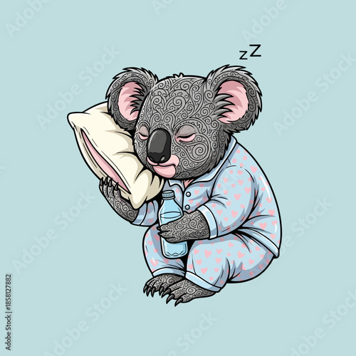 Koala Sleeping with Bottle and Pillow.