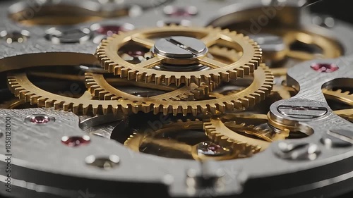 Macro shot of intricate golden clockwork gears and ruby jewels moving within a detailed watch mechanism, ideal for themes of precision engineering, time, luxury, and technology.