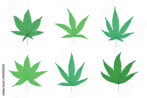 Set of hand drawn cannabis leaf Medicine marijuana Hemp leaves clipart in doodle style Single element for print, web, design, decor