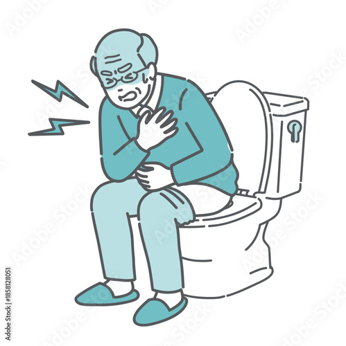 トイレでヒートショックを起こし胸を押さえる高齢男性（おじいさん）のイラスト