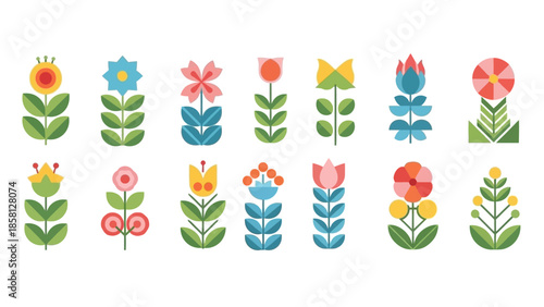 A vibrant collection of stylized geometric folk art flowers with colorful petals and green stems.