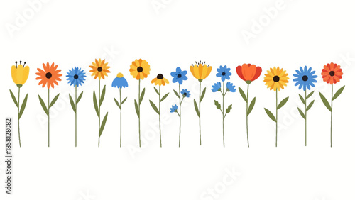 A vibrant illustration of a diverse row of colorful stylized flowers with green stems on a clean white background.