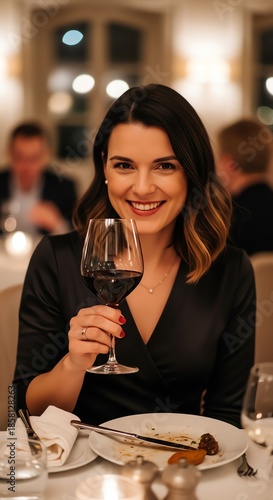 A woman in a black dress smiling while holding a glass of red wine at a dining table in a restaurant with warm lighting.