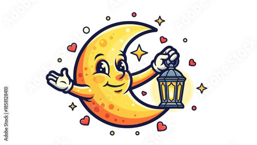 A joyful crescent moon character with a wide smile holds a dark, glowing lantern and waves enthusiastically.