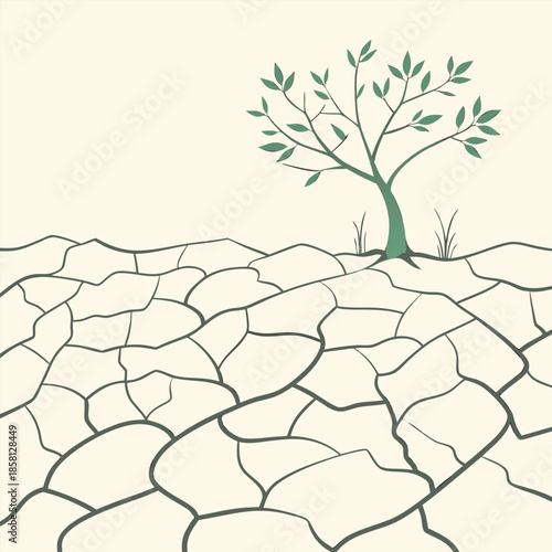 Lone Green Tree Growing in Cracked Dry Earth Against a Pale Background cracked earth dry land