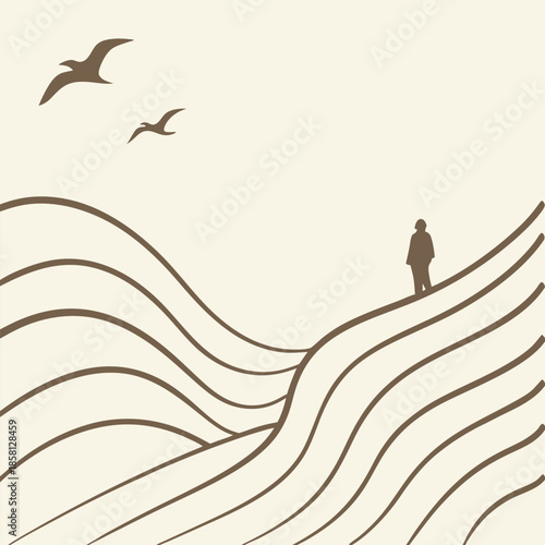 Lone Figure Standing on Wavy Hills with Birds Flying Overhead landscape waves