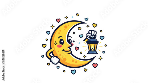 A charming cartoon crescent moon holds a lantern surrounded by colorful floating hearts.