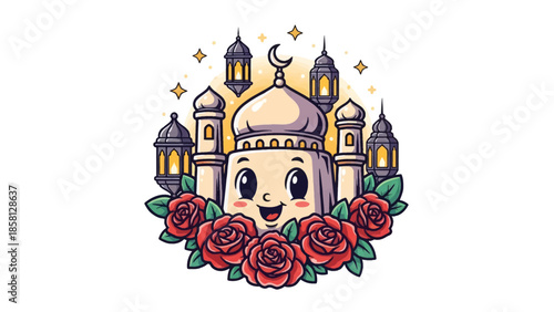 A cheerful cartoon mosque character with a smiling face is adorned with lanterns and roses.