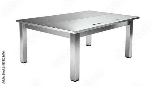Silver table, four legs, smooth top, center seam