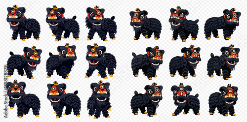Multiple black Chinese lion dance puppets in various poses on a white background, representing traditional culture and celebration.