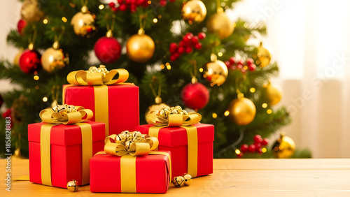 Festive holiday gifts piled beneath a decorated Christmas tree with glowing ornaments