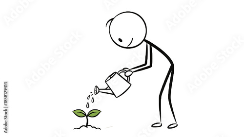 Hand-drawn stick figure watering a small green seedling with a can, symbolizing business concept growth, care, investment, and future success.