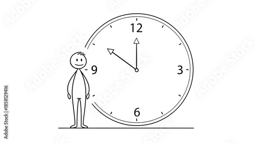 Conceptual Stick Figure Doodle Vector of a Person Standing by Large Analog Clock for Time Management and Scheduling.