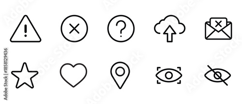 warning cross question cloud mail heart star location eye view ui black line icon set on white background