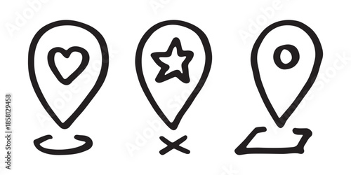 Set of hand drawn map pin Map marker pointer sign GPS and mapping tools Location pin symbol Pinpoint clipart in doodle style Single element for web, design