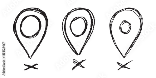 Set of hand drawn map pin Map marker pointer sign GPS and mapping tools Location pin symbol Pinpoint clipart in doodle style Single element for web, design