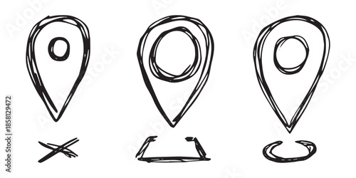 Set of hand drawn map pin Map marker pointer sign GPS and mapping tools Location pin symbol Pinpoint clipart in doodle style Single element for web, design