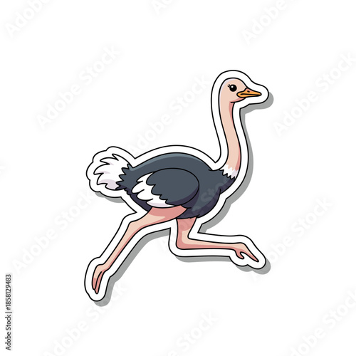 Cute Ostrich Running Sticker Illustration.