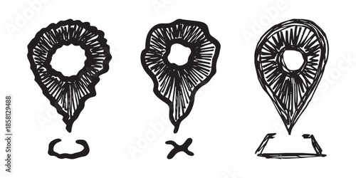 Set of hand drawn map pin Map marker pointer sign GPS and mapping tools Location pin symbol Pinpoint clipart in doodle style Single element for web, design