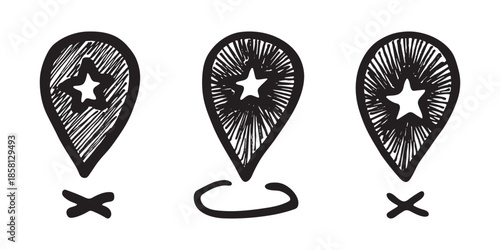 Set of hand drawn map pin Map marker pointer sign GPS and mapping tools Location pin symbol Pinpoint clipart in doodle style Single element for web, design
