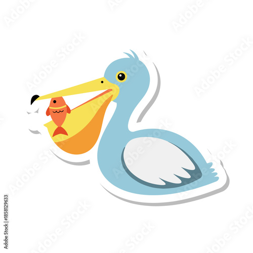 Cute Cartoon Pelican with Fish Sticker Illustration.