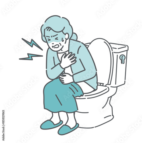 トイレでヒートショックを起こし胸を押さえる高齢女性（おばあさん）のイラスト
