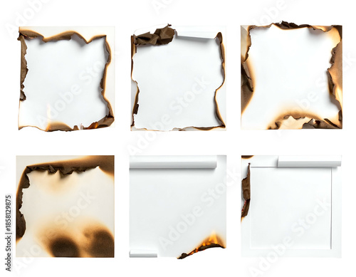 White paper frames with scorched edges, some rolled