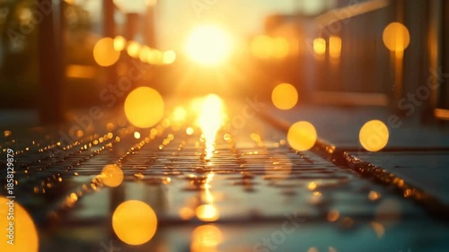 Abstract sunlight bokeh effect over a reflective surface warm tones