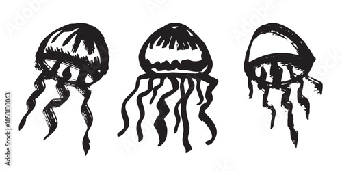 Set of hand drawn jellyfish doodle Sea animal illustration Cute marine underwater creature Medusa sketch clipart Single element for web, design, decor, children's print