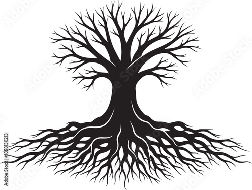 tree with roots, tree, vector, silhouette, leaf, nature, illustration, branch, plant, root, season, design, roots, black, forest, art, spring, wood, autumn, drawing, symbol, decoration, life, icon, gr
