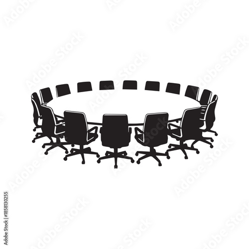 Round conference table and chairs vector sketch illustration. Black and white drawing of an empty boardroom meeting setup with office furniture isolated on white background.
